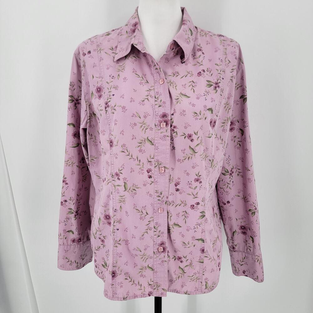 Jones Wear Sport Button Up Blouse Womens XL Purple Floral Collared Cotton